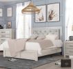 1pc Modern King Panel Bed with Headboard Lighting Beige Finish Faux Leather Upholstery Button Tufted Wooden Bedroom Furniture