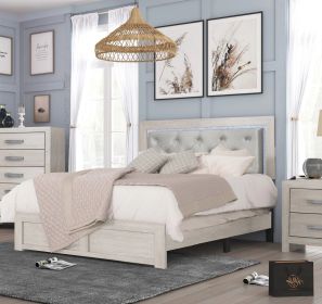 1pc Modern King Panel Bed with Headboard Lighting Beige Finish Faux Leather Upholstery Button Tufted Wooden Bedroom Furniture